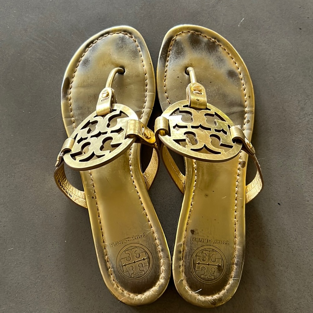 Tory Burch Miller sandals. Sz 10. Mirror Gold!! Very rare.